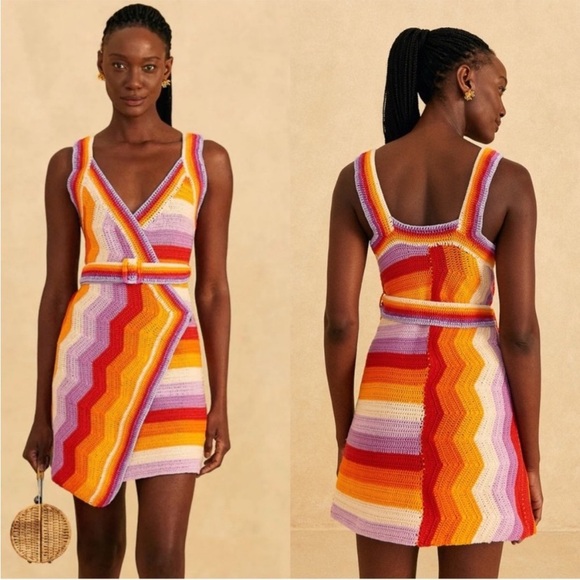 FARM RIO Striped Crochet Belted Mini Dress (NWT) - Picture 1 of 15